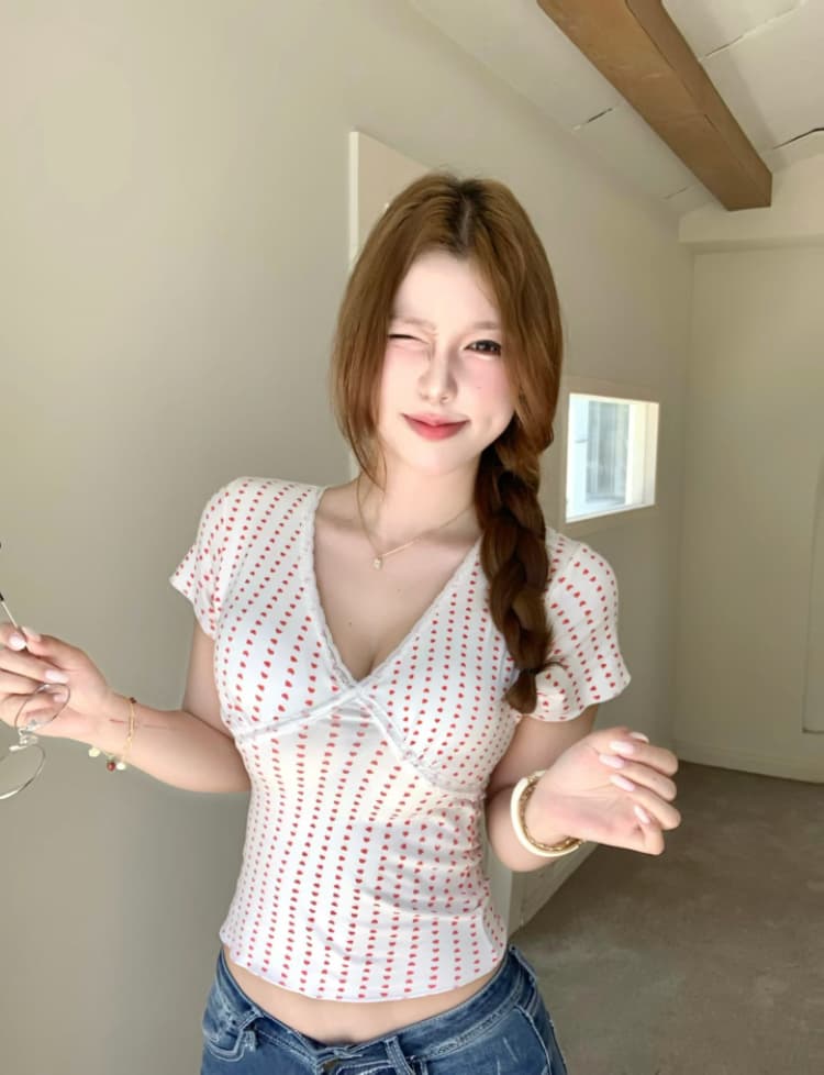 실사 감소되지 않음 달콤한 매운맛 바람 하트 도트 무늬 반팔 티셔츠 순수한 욕망 레이스 V넥 몸매 가꾸기 다용도 맨위 상세 이미지 2