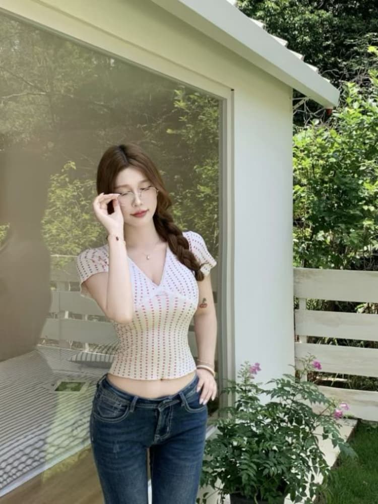 실사 감소되지 않음 달콤한 매운맛 바람 하트 도트 무늬 반팔 티셔츠 순수한 욕망 레이스 V넥 몸매 가꾸기 다용도 맨위 상세 이미지 5