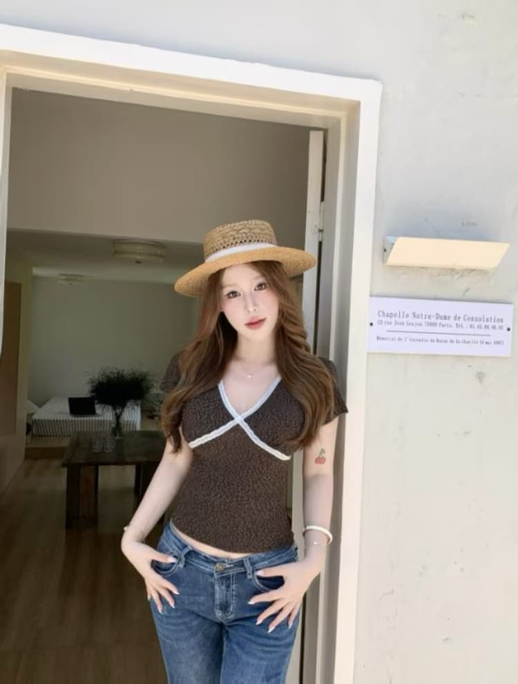 실사 감소되지 않음 달콤한 매운맛 바람 하트 도트 무늬 반팔 티셔츠 순수한 욕망 레이스 V넥 몸매 가꾸기 다용도 맨위 상세 이미지 8