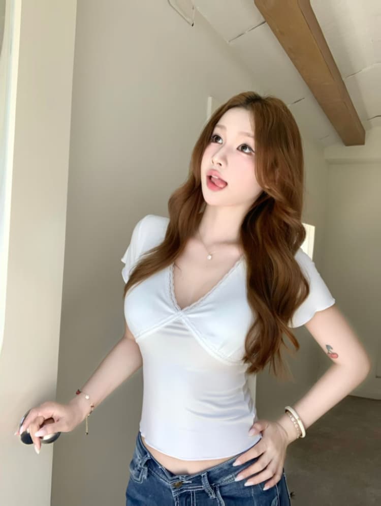 실사 감소되지 않음 달콤한 매운맛 바람 하트 도트 무늬 반팔 티셔츠 순수한 욕망 레이스 V넥 몸매 가꾸기 다용도 맨위 상세 이미지 13