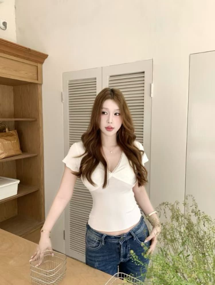 실사 감소되지 않음 달콤한 매운맛 바람 하트 도트 무늬 반팔 티셔츠 순수한 욕망 레이스 V넥 몸매 가꾸기 다용도 맨위 상세 이미지 14