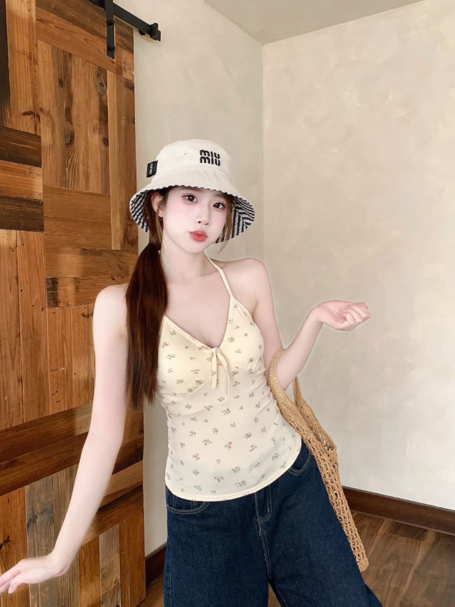 실사 감소되지 않음 달콤함 작은 꽃무늬 행침 목 작은 조끼 여성 여름 몸매 가꾸기 다용도 외출용 만나는 맨위 이미지 3