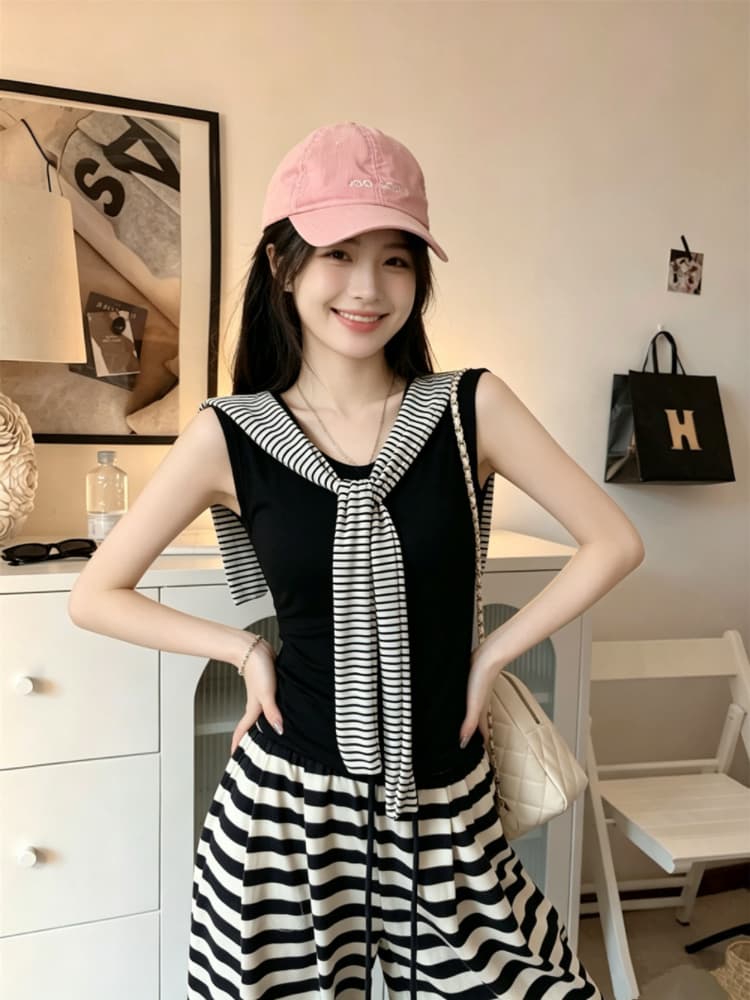 실사 감소되지 않음 해군 스타일 스트라이프 숄 페이크 레이어드 조끼 여성 여름 몸매 가꾸기 다용도 민소매 맨위 상세 이미지 16