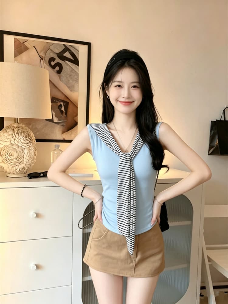 실사 감소되지 않음 해군 스타일 스트라이프 숄 페이크 레이어드 조끼 여성 여름 몸매 가꾸기 다용도 민소매 맨위 상세 이미지 23