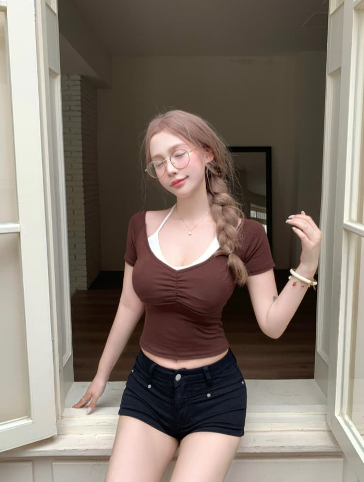 실사 감소되지 않음 핫걸 행침 목 페이크 레이어드 티셔츠 여성 여름 몸매 가꾸기 다용도 반팔 맨위 상세 이미지 19