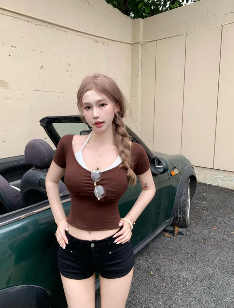 실사 감소되지 않음 핫걸 행침 목 페이크 레이어드 티셔츠 여성 여름 몸매 가꾸기 다용도 반팔 맨위 상세 이미지 22