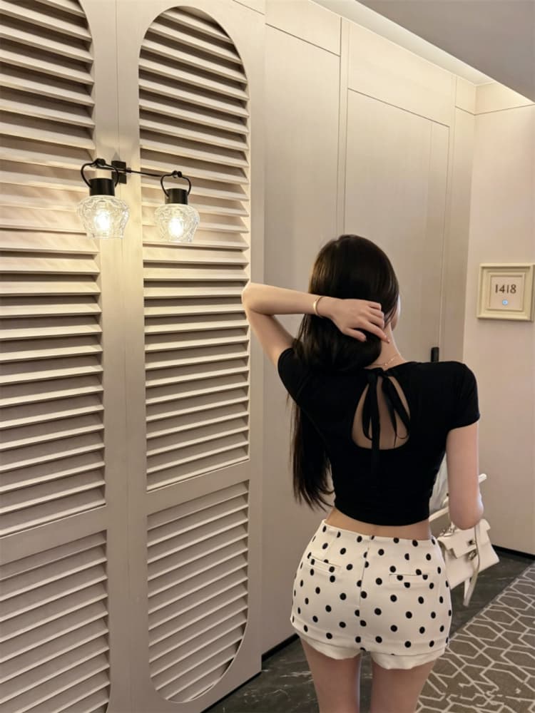 실사 감소되지 않음 뒤로 홀로우 아웃 디자인 센스 작은 대중 반팔 티셔츠 여성 몸매 가꾸기 나비 레이스업 맨위 상세 이미지 16