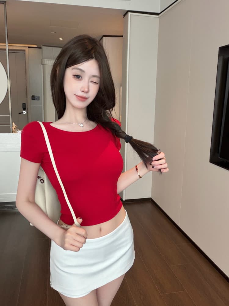실사 감소되지 않음 뒤로 홀로우 아웃 디자인 센스 작은 대중 반팔 티셔츠 여성 몸매 가꾸기 나비 레이스업 맨위 상세 이미지 28
