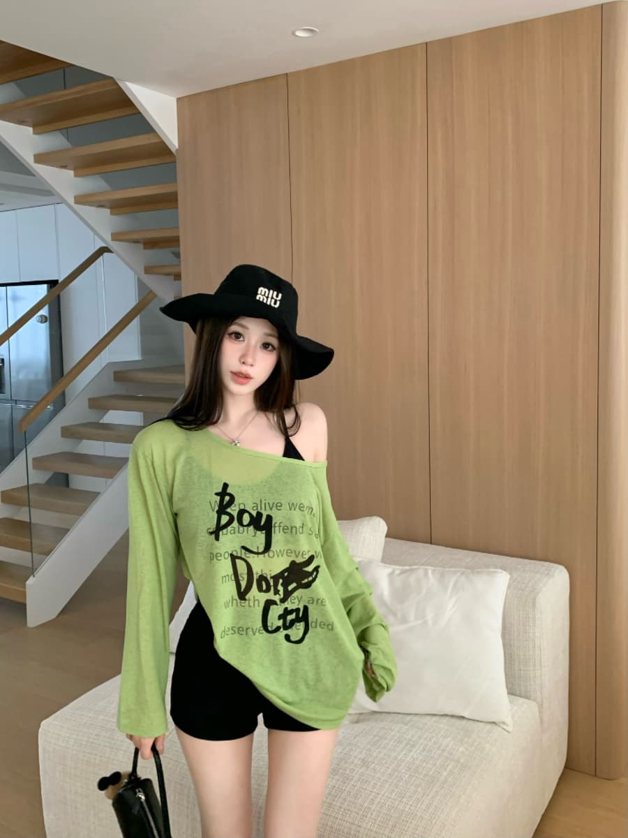 실사 감소되지 않음 재미있는 프린트 얇은 스타일 긴팔 티셔츠 여성 여름 느긋한 루즈핏 다용도 자외선 차단 맨위 이미지 3