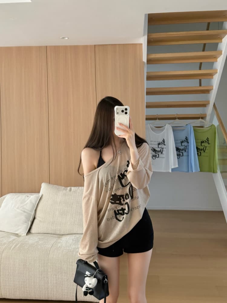 실사 감소되지 않음 재미있는 프린트 얇은 스타일 긴팔 티셔츠 여성 여름 느긋한 루즈핏 다용도 자외선 차단 맨위 상세 이미지 6