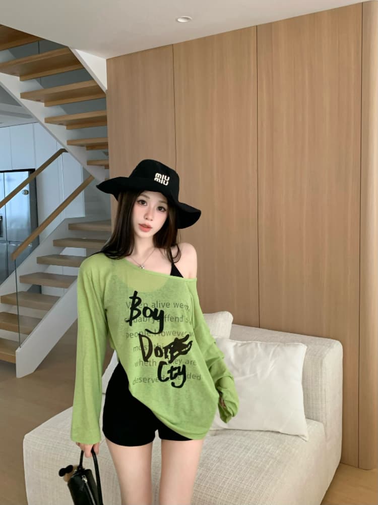 실사 감소되지 않음 재미있는 프린트 얇은 스타일 긴팔 티셔츠 여성 여름 느긋한 루즈핏 다용도 자외선 차단 맨위 상세 이미지 21