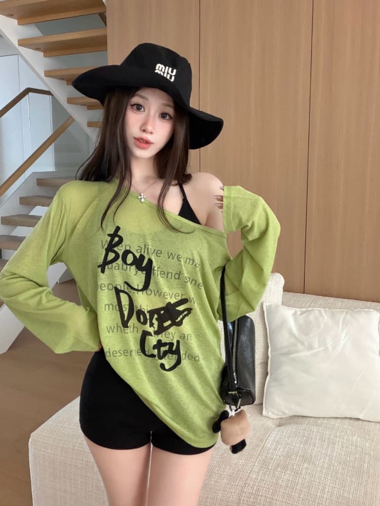 실사 감소되지 않음 재미있는 프린트 얇은 스타일 긴팔 티셔츠 여성 여름 느긋한 루즈핏 다용도 자외선 차단 맨위 상세 이미지 22