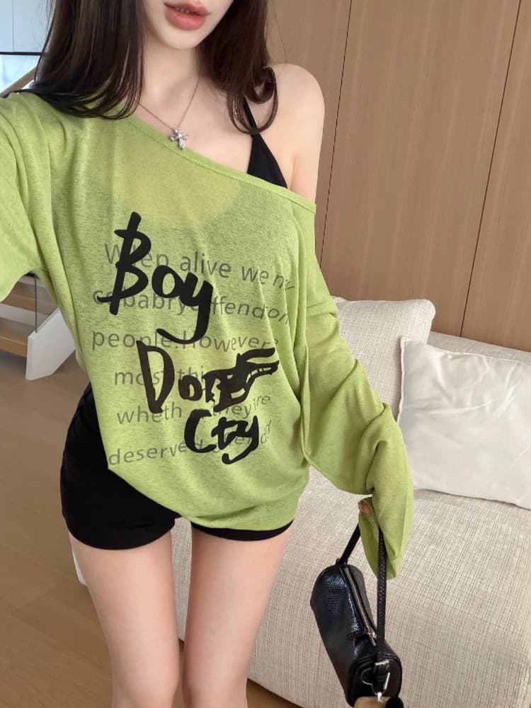 실사 감소되지 않음 재미있는 프린트 얇은 스타일 긴팔 티셔츠 여성 여름 느긋한 루즈핏 다용도 자외선 차단 맨위 상세 이미지 24