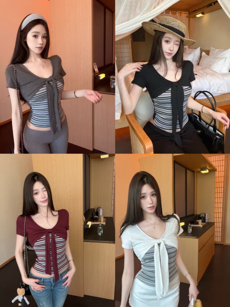 실사 감소되지 않음 여름 한 부서 배색 V넥 나비 매듭 스트라이프 맨위 반팔 몸매 가꾸기 슬림해 보이는 티셔츠 상세 이미지 1