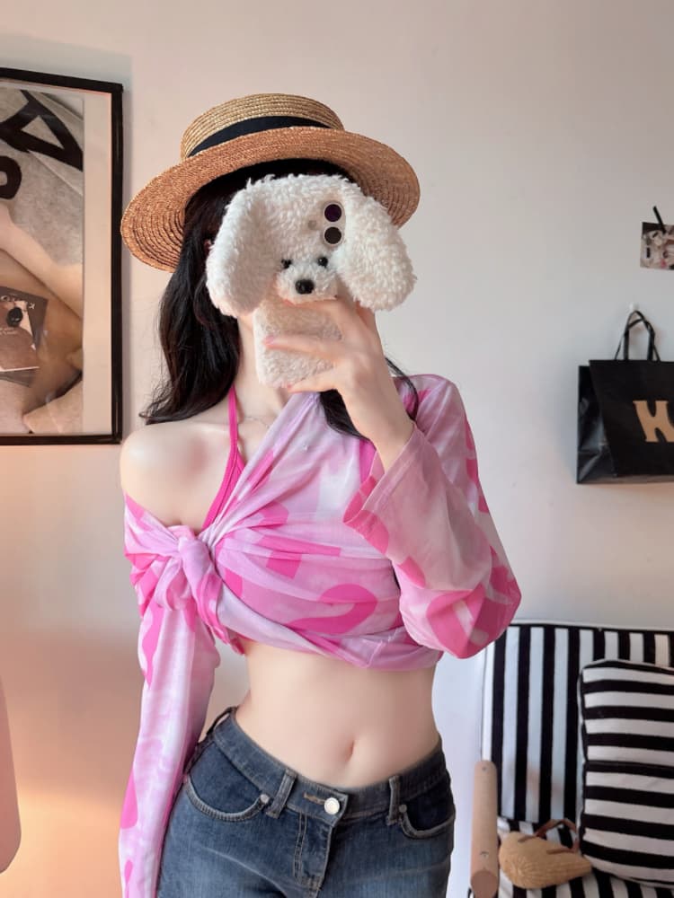 실사 감소되지 않음 여름 얇은 스타일 망사 자외선 차단 블라우스 알파벳 프린트 루즈핏 긴팔 티셔츠 상세 이미지 10