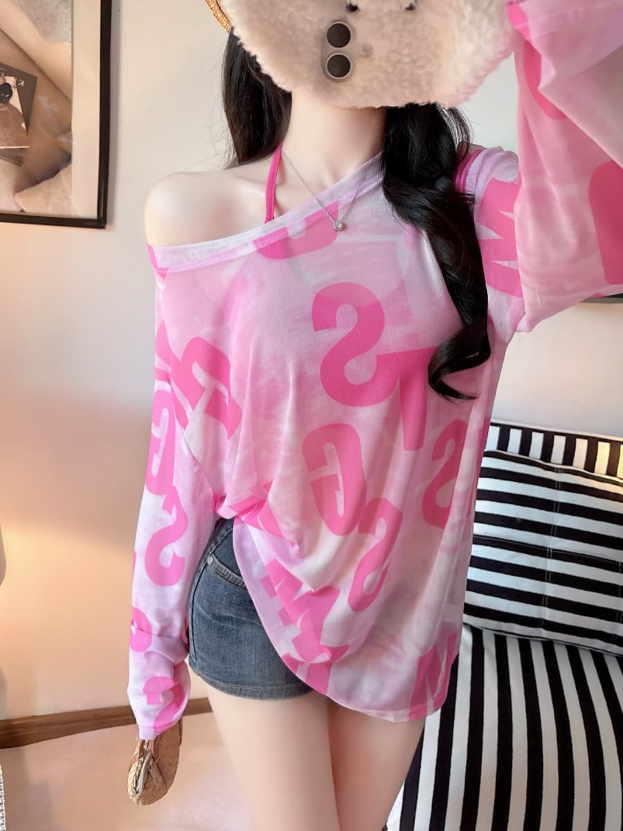 실사 감소되지 않음 여름 얇은 스타일 망사 자외선 차단 블라우스 알파벳 프린트 루즈핏 긴팔 티셔츠 상세 이미지 16