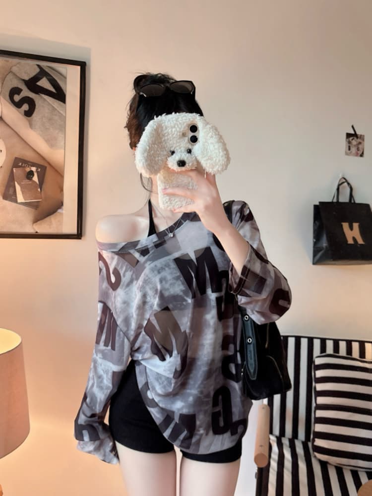 실사 감소되지 않음 여름 얇은 스타일 망사 자외선 차단 블라우스 알파벳 프린트 루즈핏 긴팔 티셔츠 상세 이미지 31