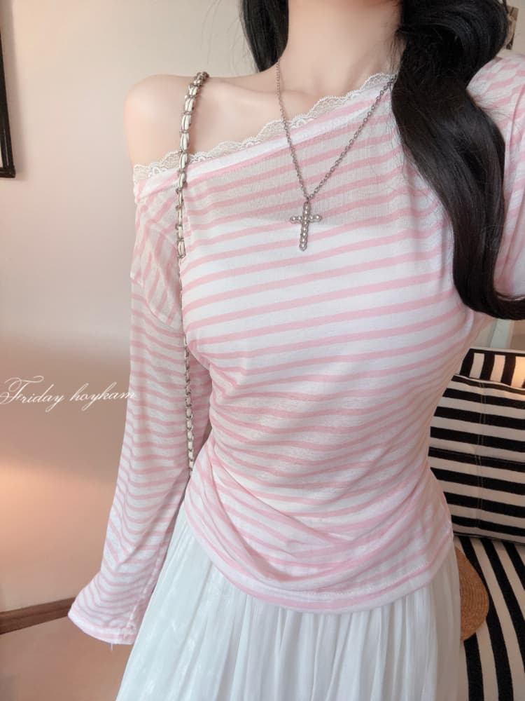 실사 감소되지 않음 달콤한 핫걸 비스듬한 어깨 스트라이프 티셔츠 여성 여름 한 부서 다용도 슬림해 보이는 오프숄더 맨위 상세 이미지 6