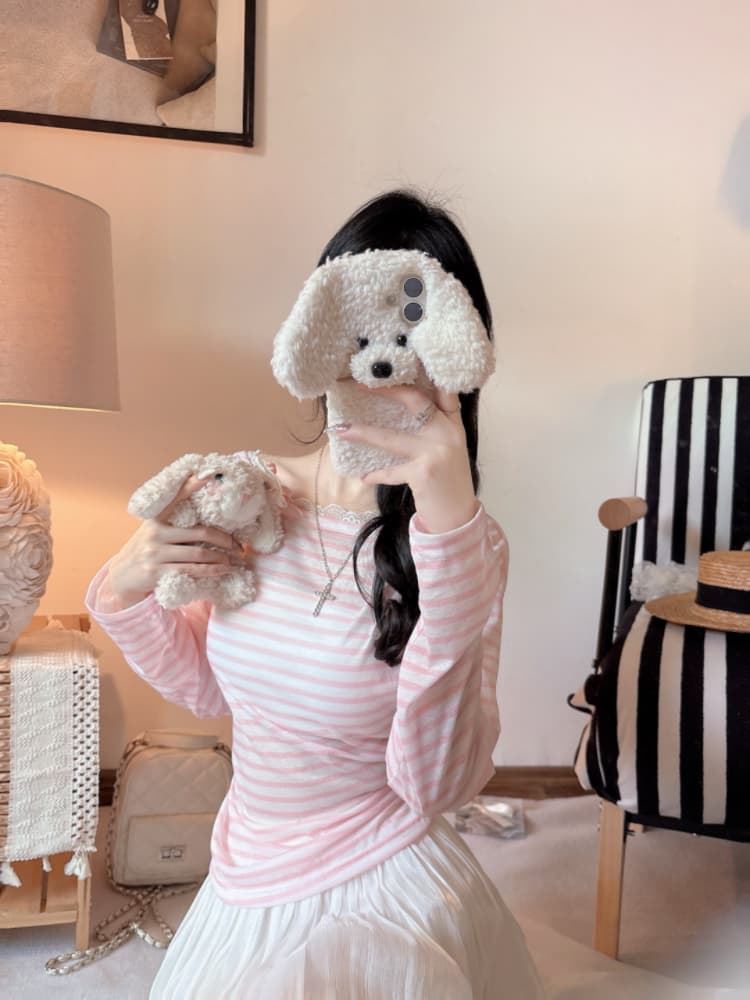 실사 감소되지 않음 달콤한 핫걸 비스듬한 어깨 스트라이프 티셔츠 여성 여름 한 부서 다용도 슬림해 보이는 오프숄더 맨위 상세 이미지 8