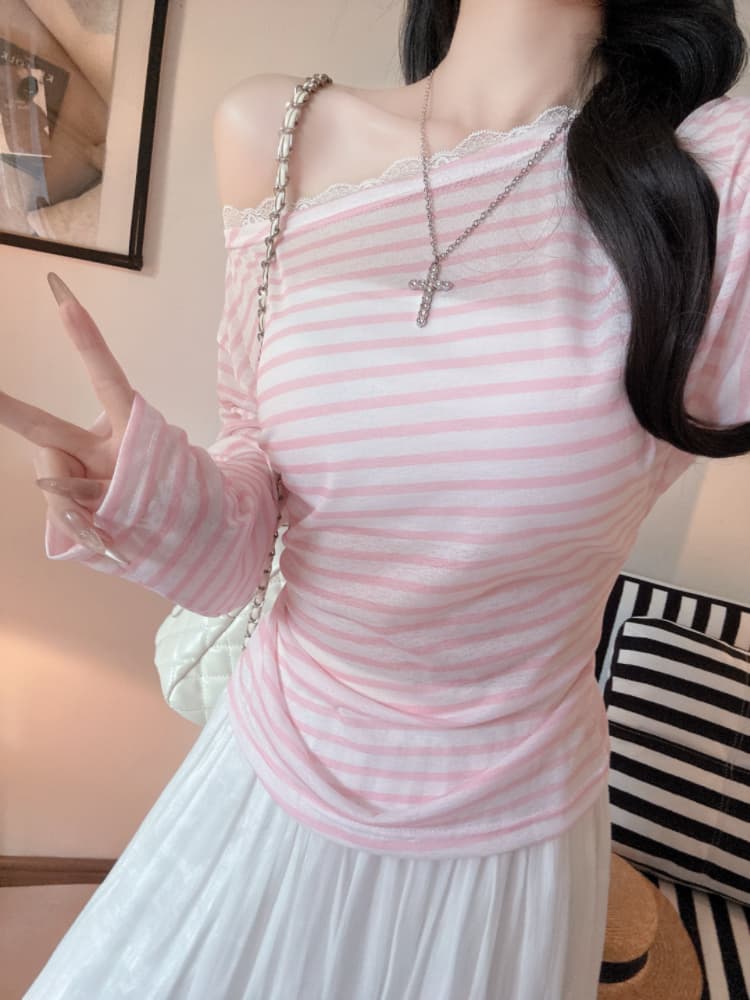 실사 감소되지 않음 달콤한 핫걸 비스듬한 어깨 스트라이프 티셔츠 여성 여름 한 부서 다용도 슬림해 보이는 오프숄더 맨위 상세 이미지 12