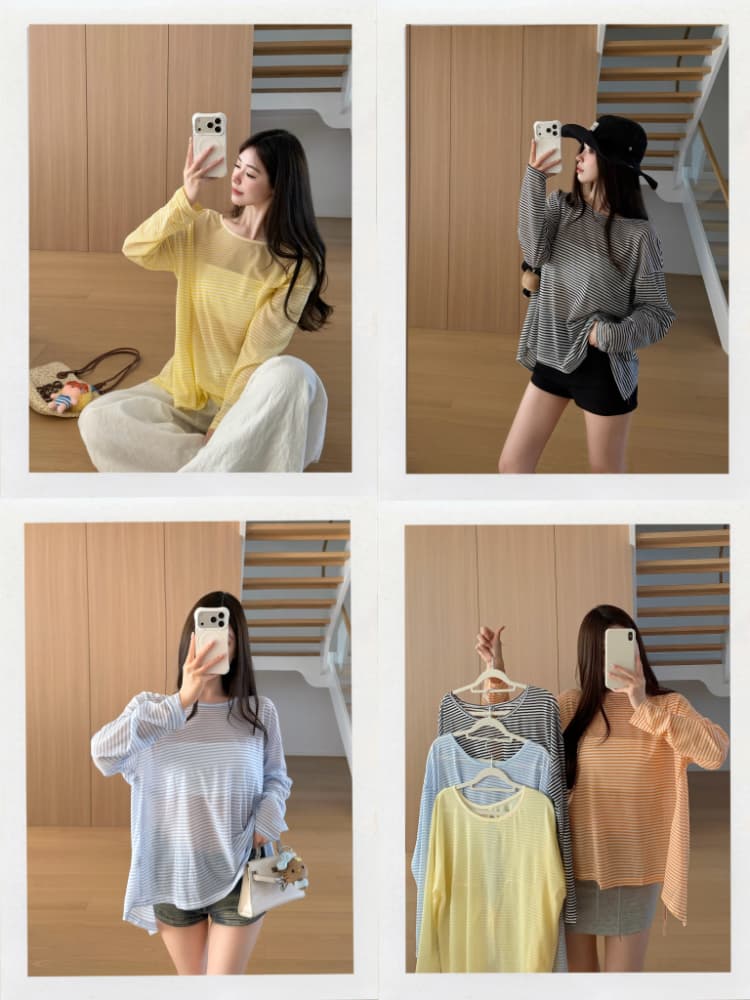 실사 감소되지 않음 핫걸 백리스 스트랩 스트라이프 긴팔 티셔츠 얇은 스타일 루즈핏 맨위 자외선 차단 블라우스 상세 이미지 1