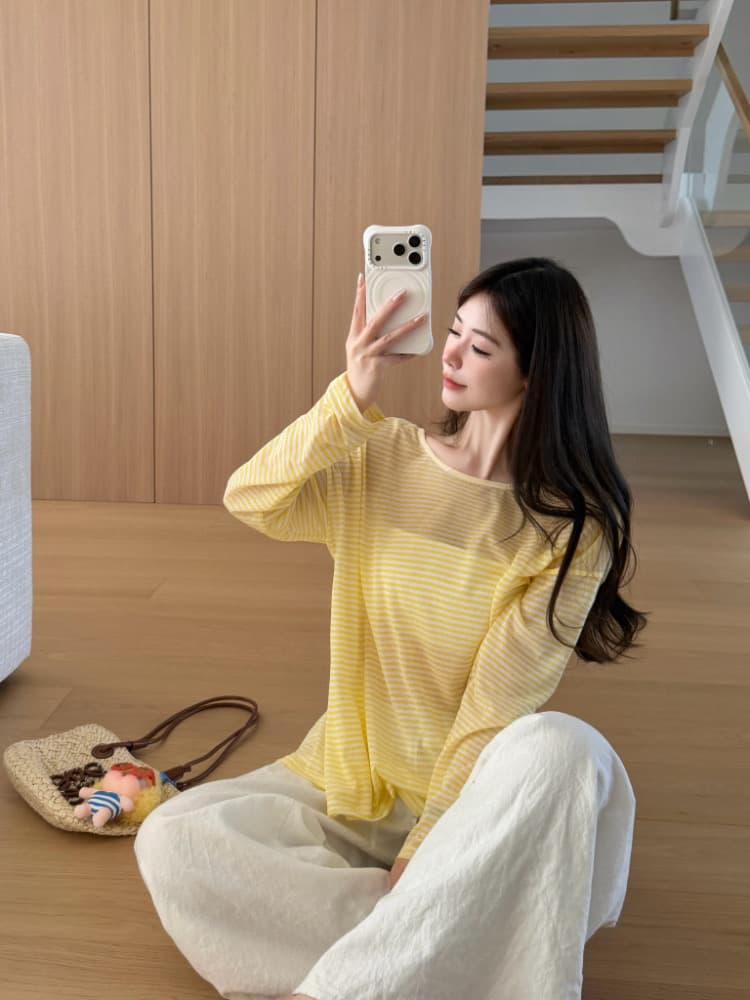 실사 감소되지 않음 핫걸 백리스 스트랩 스트라이프 긴팔 티셔츠 얇은 스타일 루즈핏 맨위 자외선 차단 블라우스 상세 이미지 7