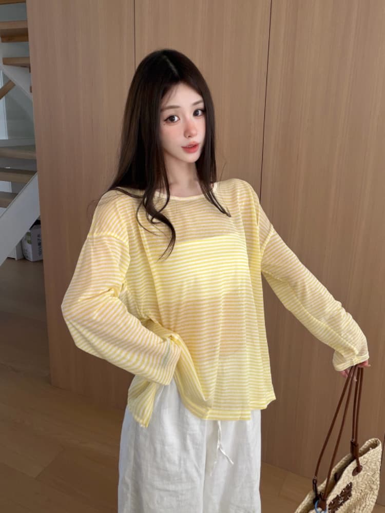 실사 감소되지 않음 핫걸 백리스 스트랩 스트라이프 긴팔 티셔츠 얇은 스타일 루즈핏 맨위 자외선 차단 블라우스 상세 이미지 8