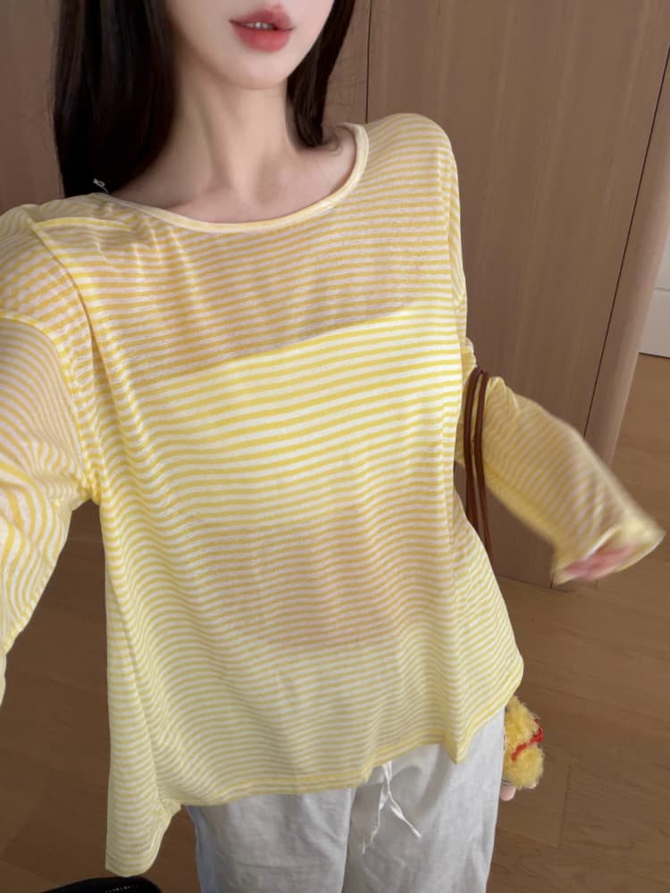 실사 감소되지 않음 핫걸 백리스 스트랩 스트라이프 긴팔 티셔츠 얇은 스타일 루즈핏 맨위 자외선 차단 블라우스 상세 이미지 10