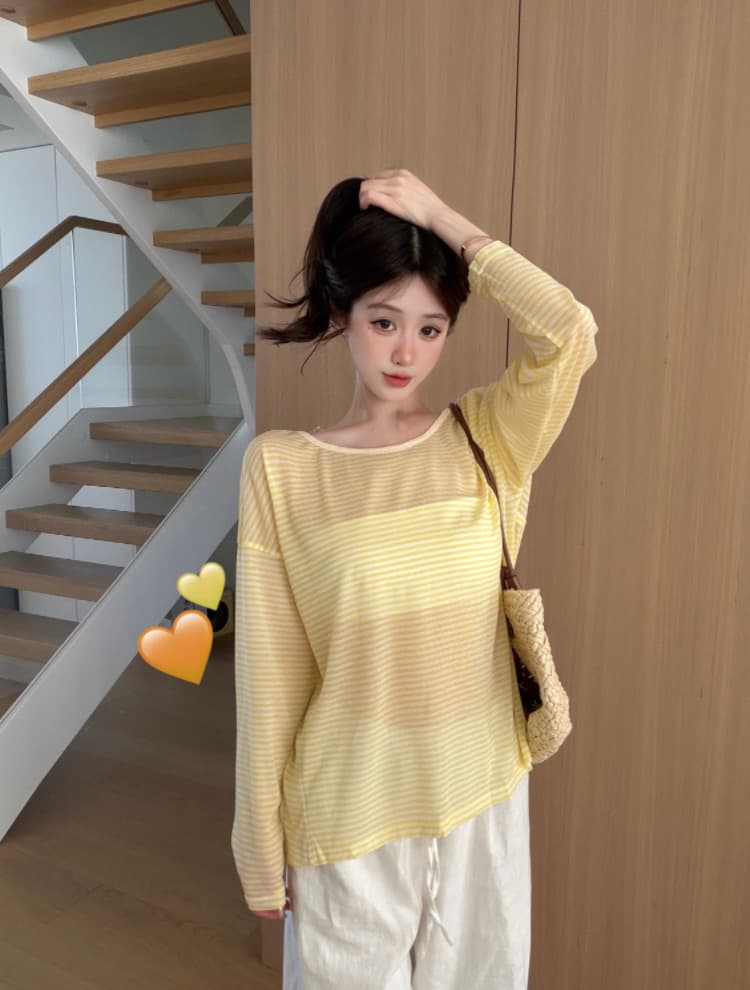실사 감소되지 않음 핫걸 백리스 스트랩 스트라이프 긴팔 티셔츠 얇은 스타일 루즈핏 맨위 자외선 차단 블라우스 상세 이미지 12
