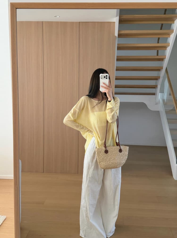 실사 감소되지 않음 핫걸 백리스 스트랩 스트라이프 긴팔 티셔츠 얇은 스타일 루즈핏 맨위 자외선 차단 블라우스 상세 이미지 13