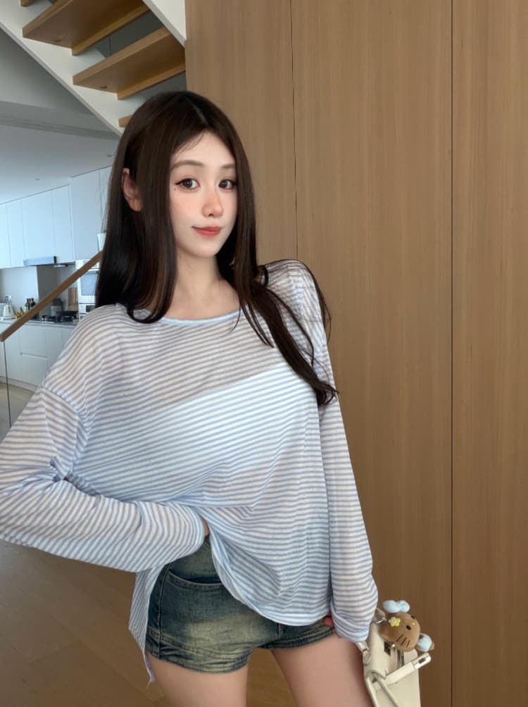 실사 감소되지 않음 핫걸 백리스 스트랩 스트라이프 긴팔 티셔츠 얇은 스타일 루즈핏 맨위 자외선 차단 블라우스 상세 이미지 14