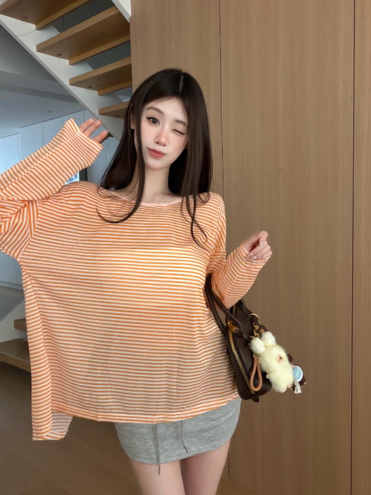 실사 감소되지 않음 핫걸 백리스 스트랩 스트라이프 긴팔 티셔츠 얇은 스타일 루즈핏 맨위 자외선 차단 블라우스 상세 이미지 22