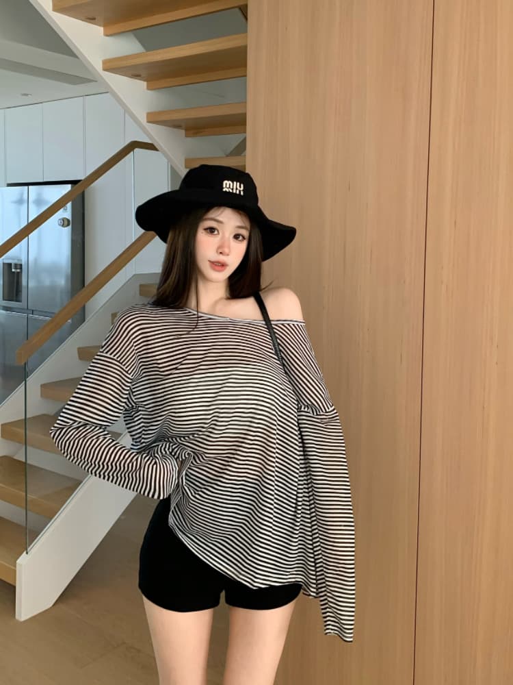 실사 감소되지 않음 핫걸 백리스 스트랩 스트라이프 긴팔 티셔츠 얇은 스타일 루즈핏 맨위 자외선 차단 블라우스 상세 이미지 25