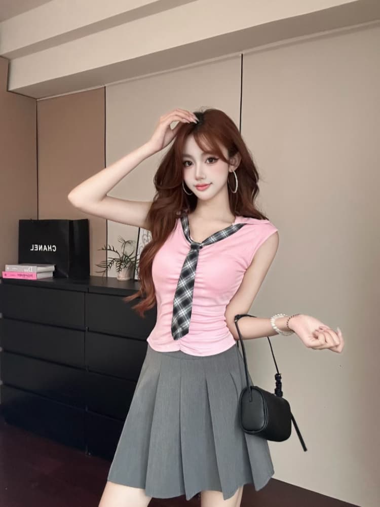 실사 감소되지 않음 학원 스타일 나비 넥타이 반팔 티셔츠 여성 V넥 여성 여름 몸매 가꾸기 다용도 벨트 가슴 패드 의류 상세 이미지 24