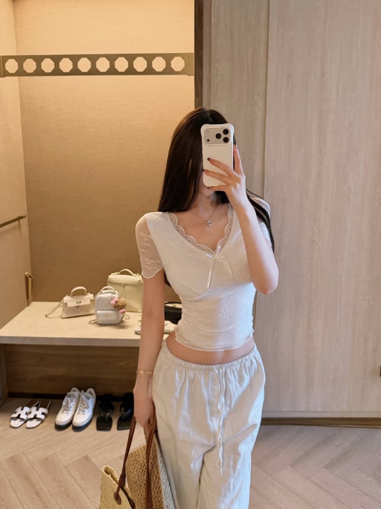 실사 감소되지 않음 달콤함 레이스 반팔 티셔츠 여성 여름 몸매 가꾸기 다용도 벨트 가슴 패드 의류 상세 이미지 4