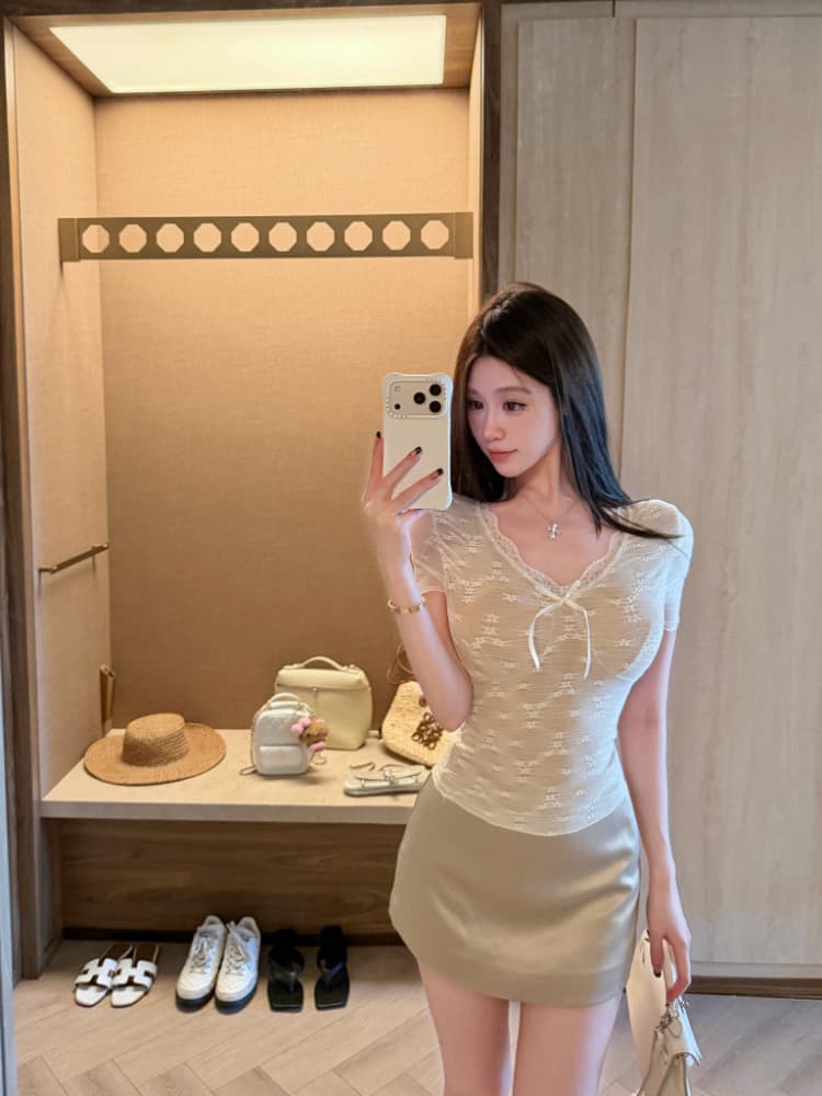 실사 감소되지 않음 달콤함 레이스 반팔 티셔츠 여성 여름 몸매 가꾸기 다용도 벨트 가슴 패드 의류 상세 이미지 9