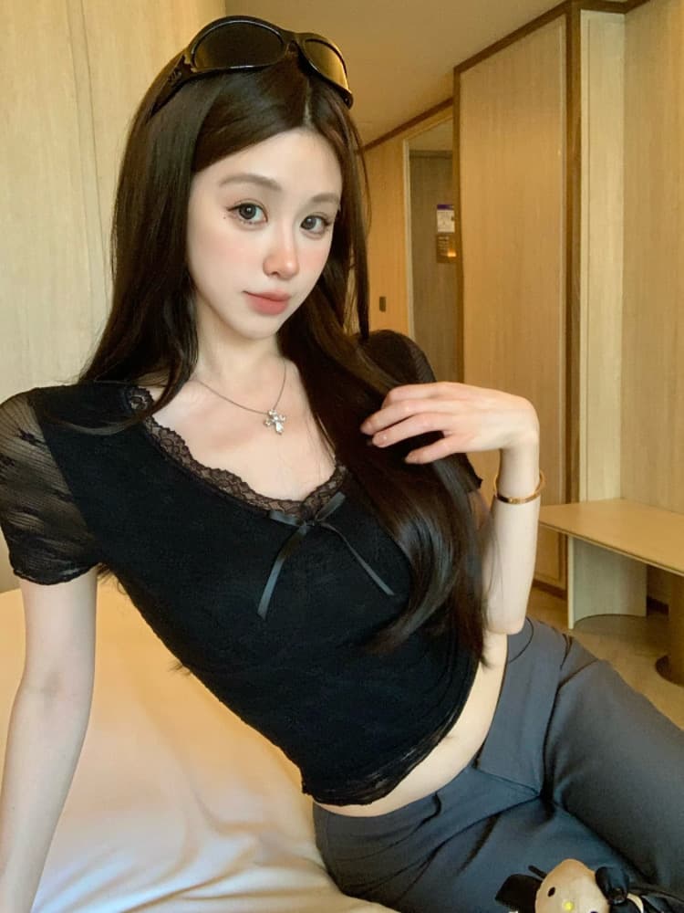 실사 감소되지 않음 달콤함 레이스 반팔 티셔츠 여성 여름 몸매 가꾸기 다용도 벨트 가슴 패드 의류 상세 이미지 20