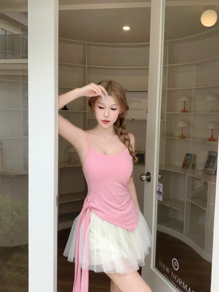 실사 감소되지 않음 여름 꼬집기 허리 슬림해 보이는 맨위 핫걸 섹시함 불규칙 스트라이프 슬립 트렌디 상세 이미지 7