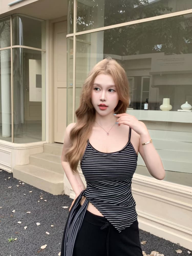 실사 감소되지 않음 여름 꼬집기 허리 슬림해 보이는 맨위 핫걸 섹시함 불규칙 스트라이프 슬립 트렌디 상세 이미지 12