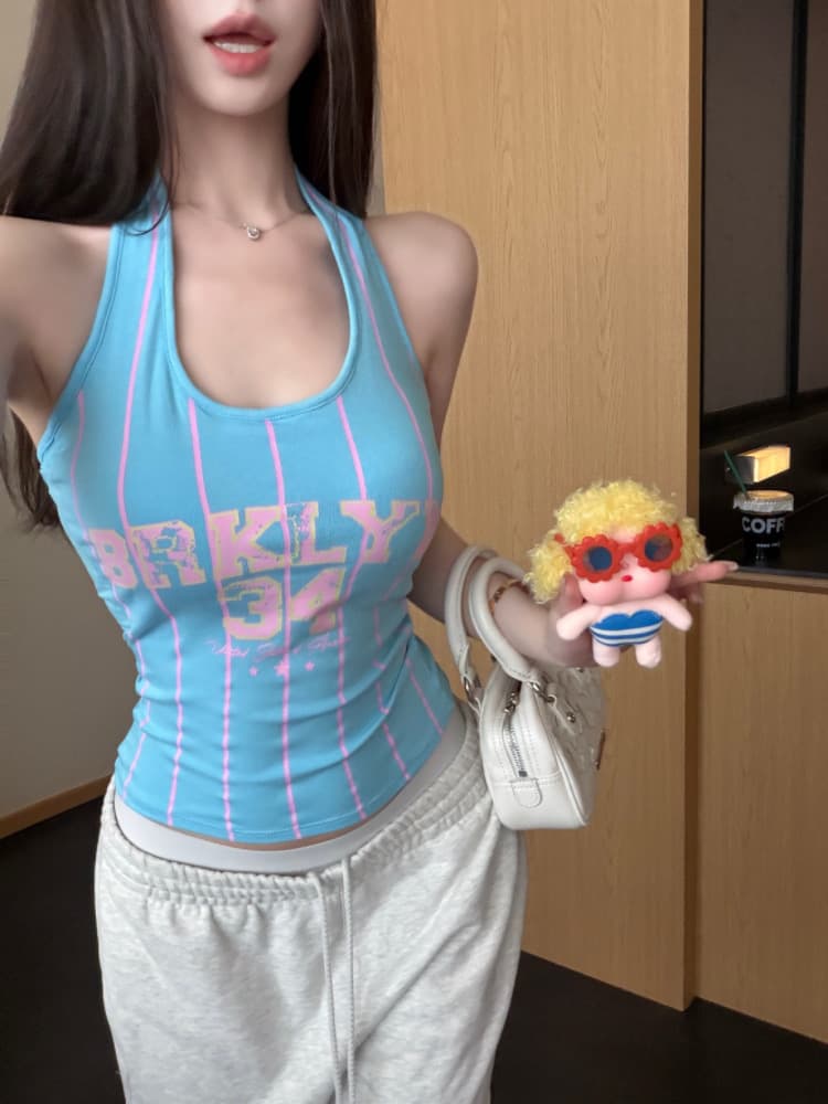 실사 감소되지 않음 달콤한 핫걸 알파벳 숫자 행침 목 캐미솔 외출용 민소매 운동 맨위 상세 이미지 13
