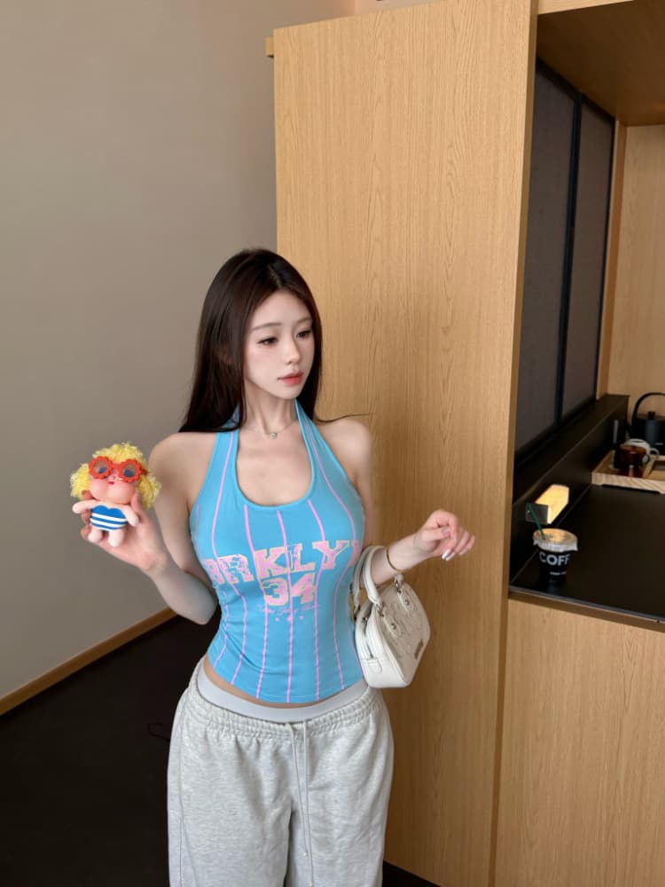 실사 감소되지 않음 달콤한 핫걸 알파벳 숫자 행침 목 캐미솔 외출용 민소매 운동 맨위 상세 이미지 14