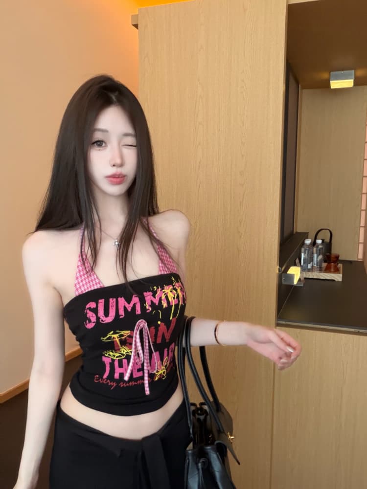 실사 감소되지 않음 아메리칸 알파벳 프린트 행침 목 캐미솔 페이크 레이어드 몸매 가꾸기 다용도 맨위 상세 이미지 8
