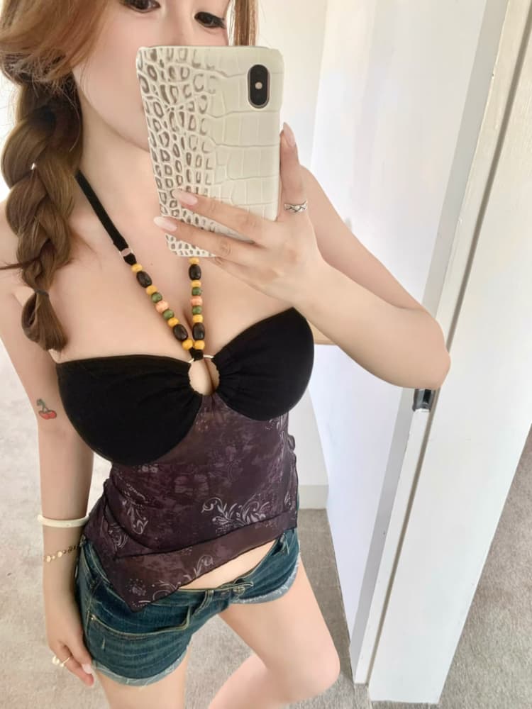 실사 감소되지 않음 레트로 아메리칸 행침 목 어둠 곡물 프린트 V넥 조끼 불규칙 캐미솔 상세 이미지 4