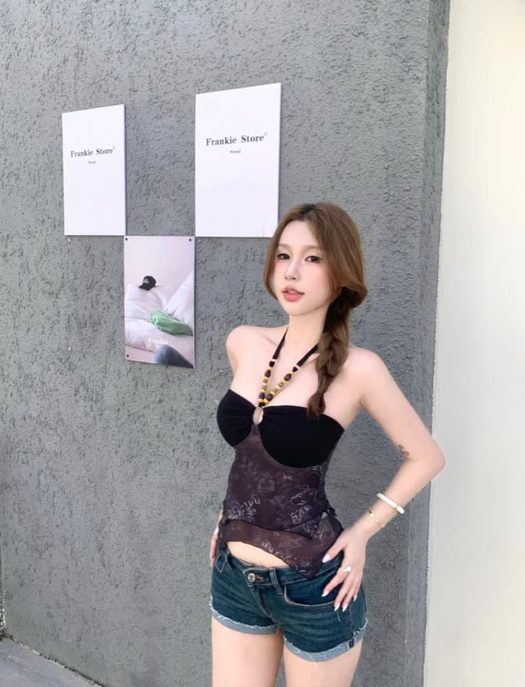 실사 감소되지 않음 레트로 아메리칸 행침 목 어둠 곡물 프린트 V넥 조끼 불규칙 캐미솔 상세 이미지 8