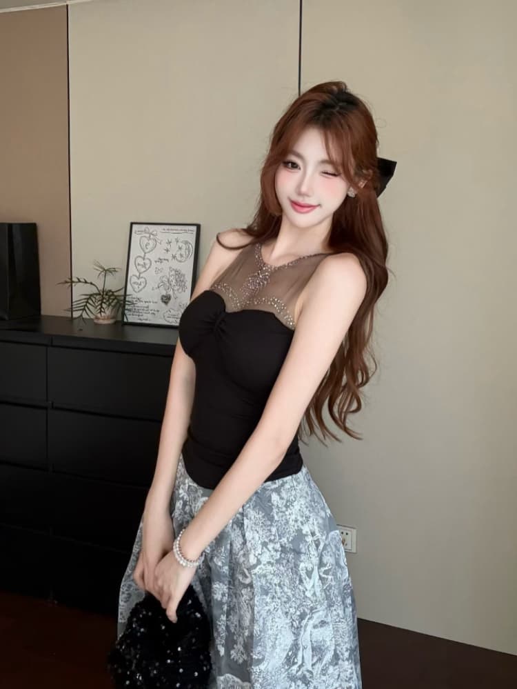 실사 감소되지 않음 핫걸 망사 패치워크 조끼 여성 여름 섹시함 몸매 가꾸기 다용도 민소매 맨위 상세 이미지 10