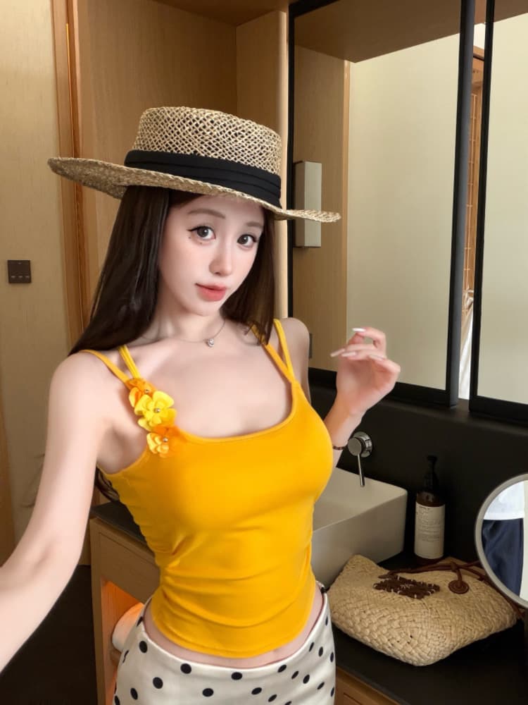실사 감소되지 않음 꽃 벨트 가슴 패드 캐미솔 여름 도파민 해변가 외출용 맨위 상세 이미지 7