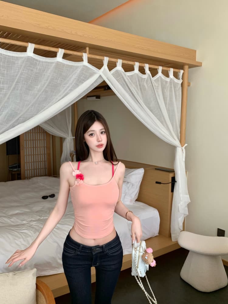 실사 감소되지 않음 꽃 벨트 가슴 패드 캐미솔 여름 도파민 해변가 외출용 맨위 상세 이미지 23