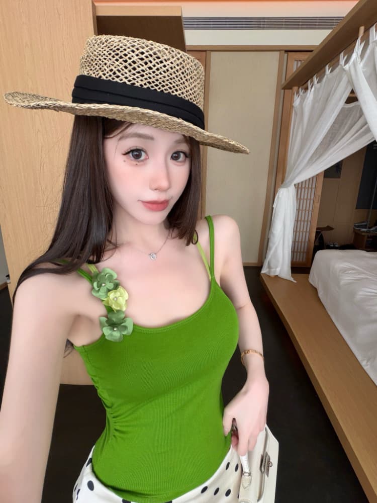 실사 감소되지 않음 꽃 벨트 가슴 패드 캐미솔 여름 도파민 해변가 외출용 맨위 상세 이미지 33