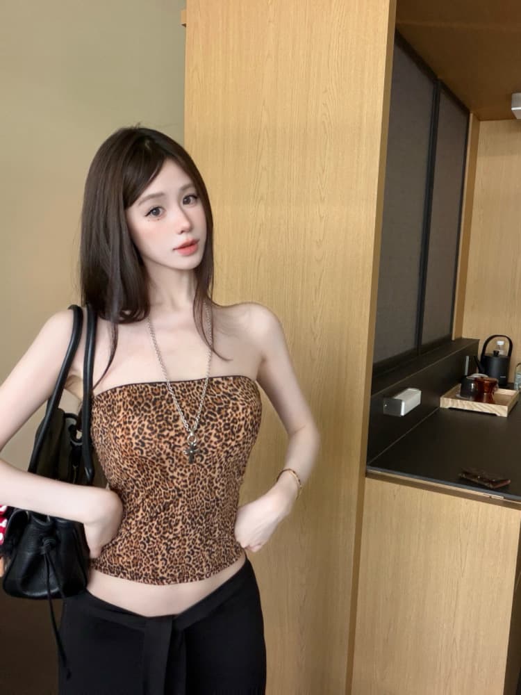 실사 감소되지 않음 순수한 욕망 핫걸 레오파드 무늬 튜브탑 조끼 여성 여름 몸매 가꾸기 다용도 민소매 맨위 상세 이미지 9