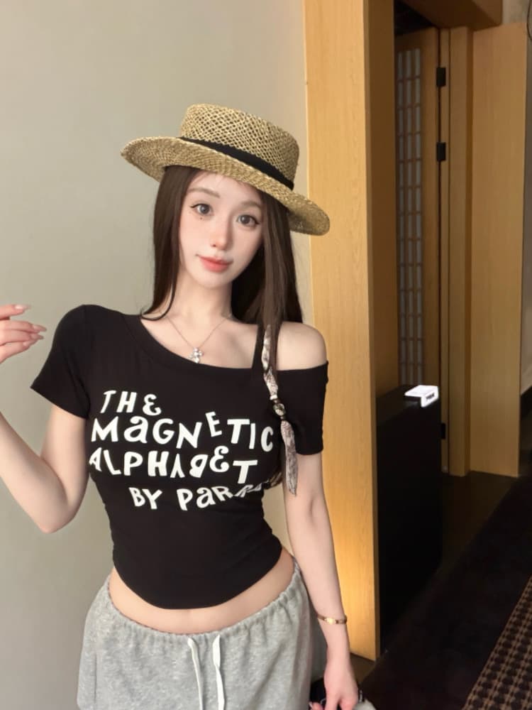 실사 감소되지 않음 핫걸 알파벳 프린트 비스듬한 어깨 페이크 레이어드 티셔츠 여성 몸매 가꾸기 다용도 반팔 맨위 상세 이미지 11